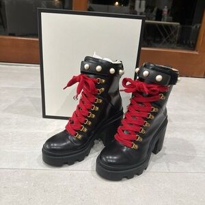 Gucci Black Leather Lace-Up Heeled Boots with Red Laces and Pearl Trim
